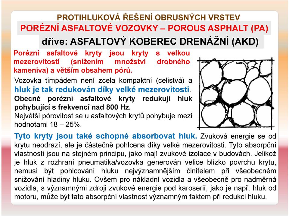 Největší pórovitost se u asfaltových krytů pohybuje mezi hodnotami 18 25%. Tyto kryty jsou také schopné absorbovat hluk.