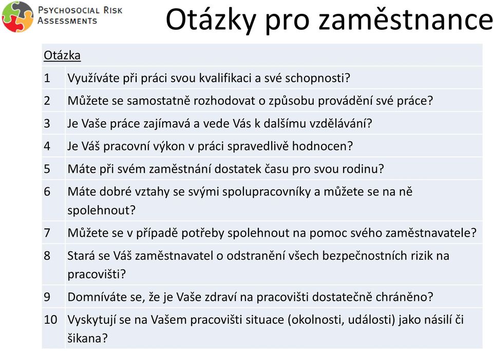 6 Máte dobré vztahy se svými spolupracovníky a můžete se na ně spolehnout? 7 Můžete se v případě potřeby spolehnout na pomoc svého zaměstnavatele?