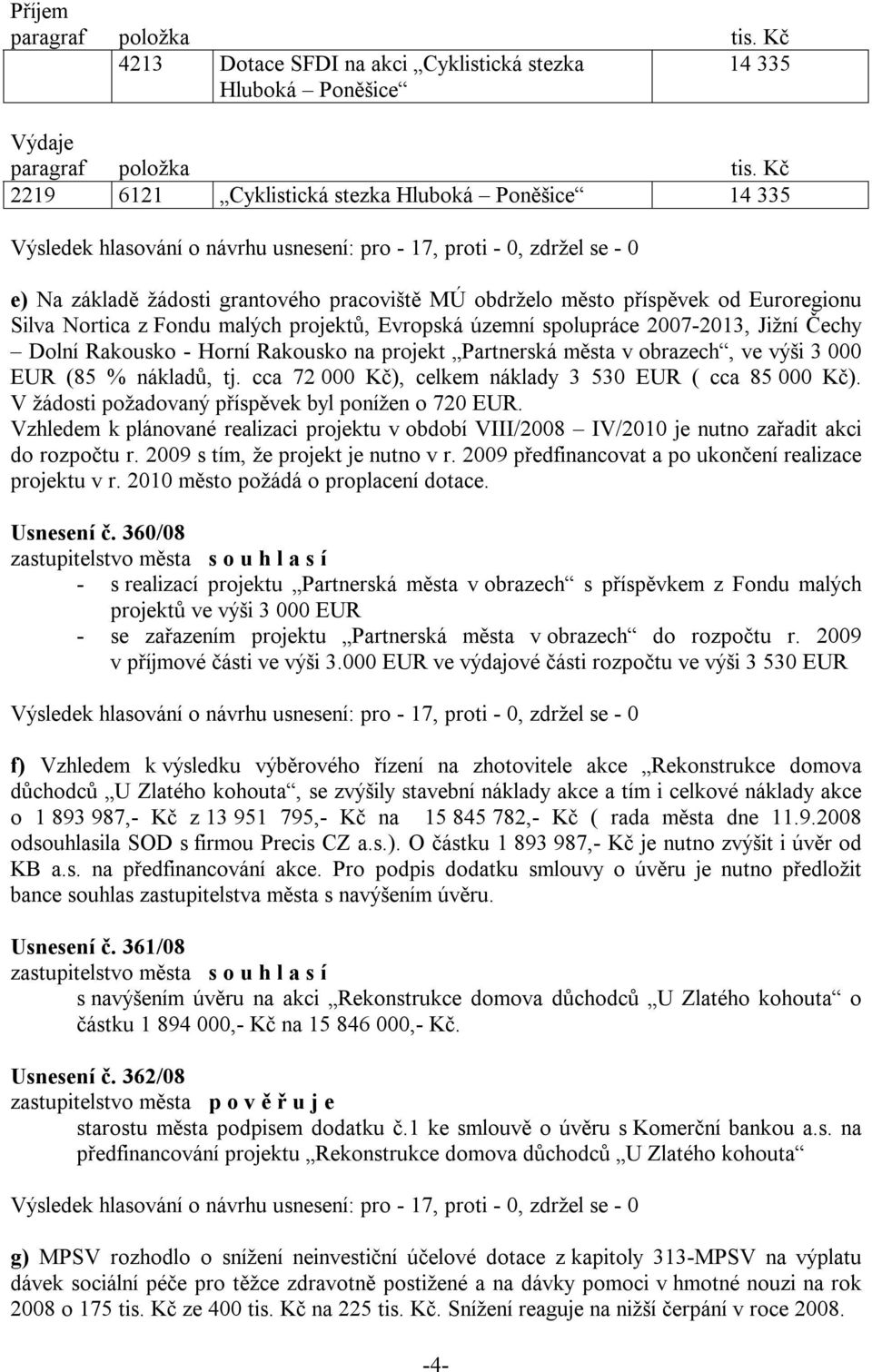 EUR (85 % nákladů, tj. cca 72 000 Kč), celkem náklady 3 530 EUR ( cca 85 000 Kč). V žádosti požadovaný příspěvek byl ponížen o 720 EUR.