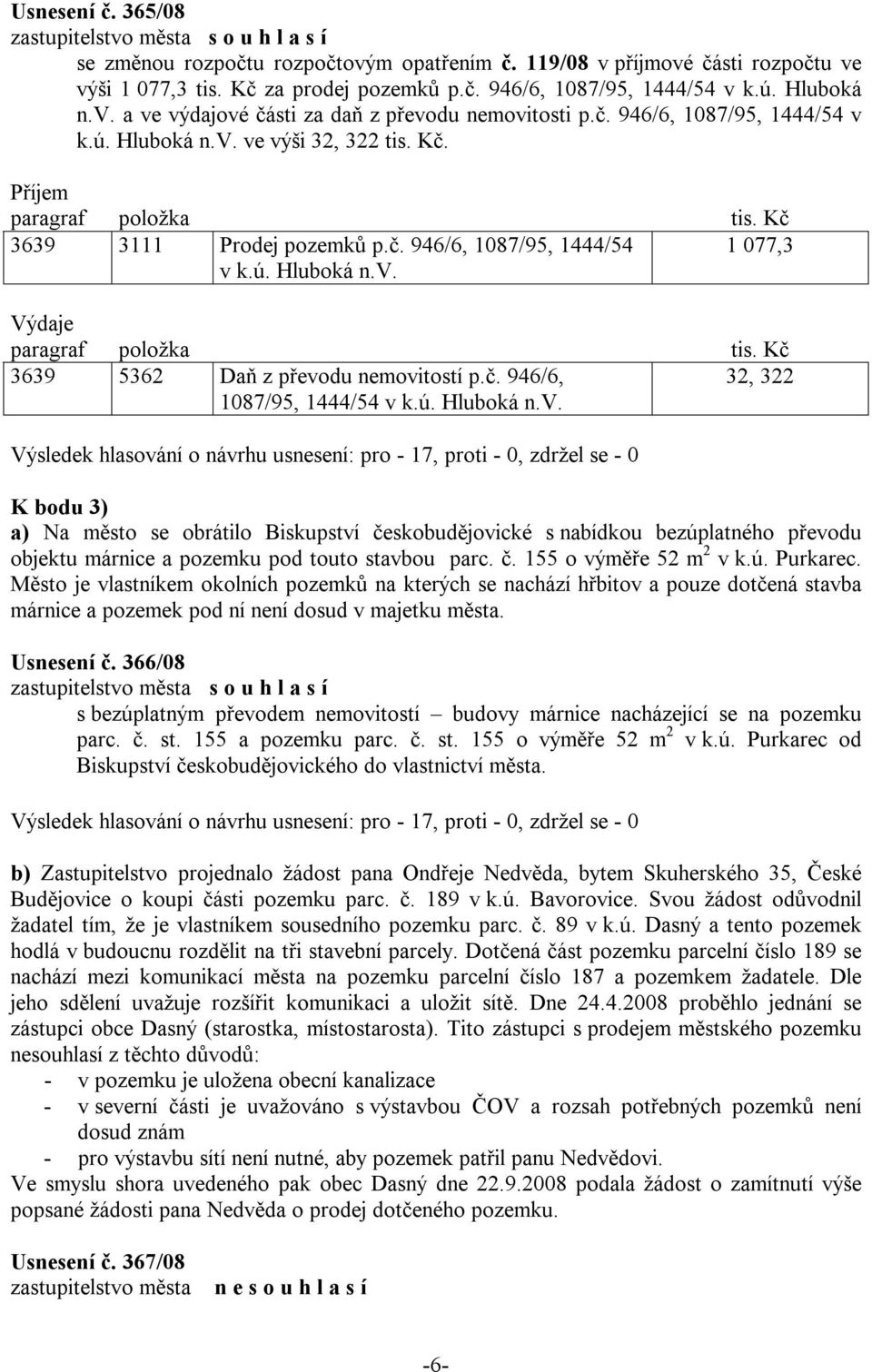 č. 946/6, 1087/95, 1444/54 v k.ú. Hluboká n.v. 32, 322 K bodu 3) a) Na město se obrátilo Biskupství českobudějovické s nabídkou bezúplatného převodu objektu márnice a pozemku pod touto stavbou parc.