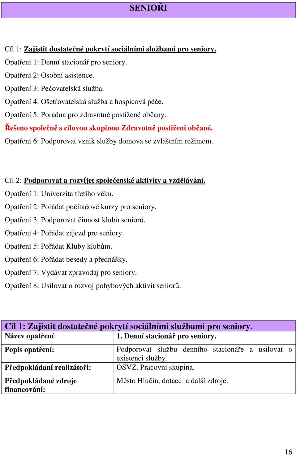 Opatření 6: Podporovat vznik služby domova se zvláštním režimem. Cíl 2: Podporovat a rozvíjet společenské aktivity a vzdělávání. Opatření 1: Univerzita třetího věku.