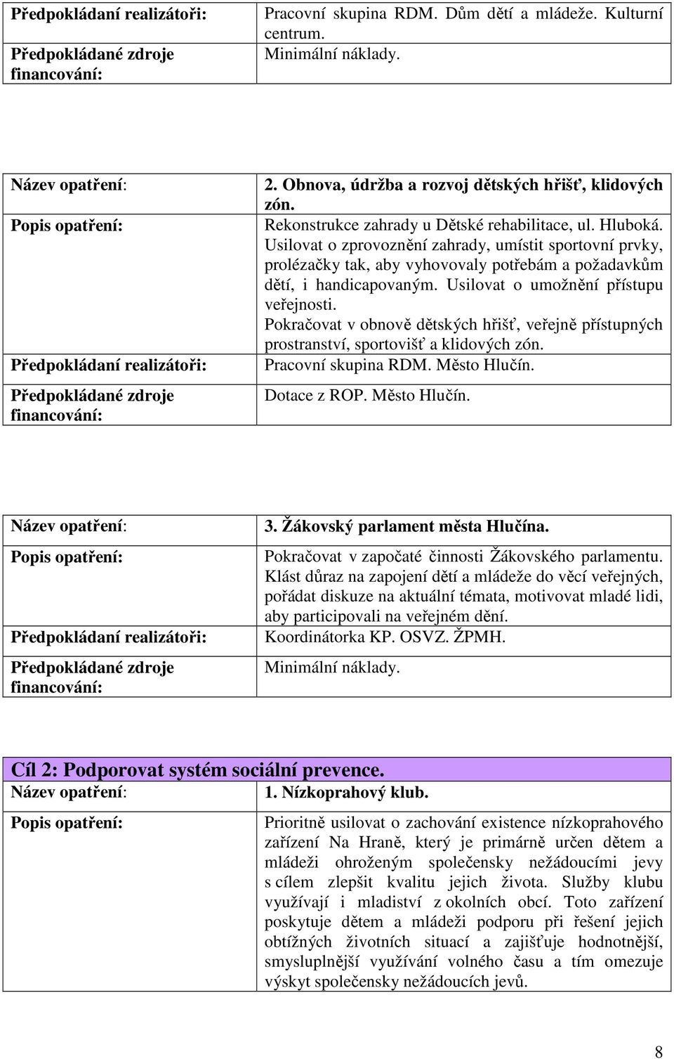 Pokračovat v obnově dětských hřišť, veřejně přístupných prostranství, sportovišť a klidových zón. Pracovní skupina RDM. Město Hlučín. Dotace z ROP. Město Hlučín. 3. Žákovský parlament města Hlučína.