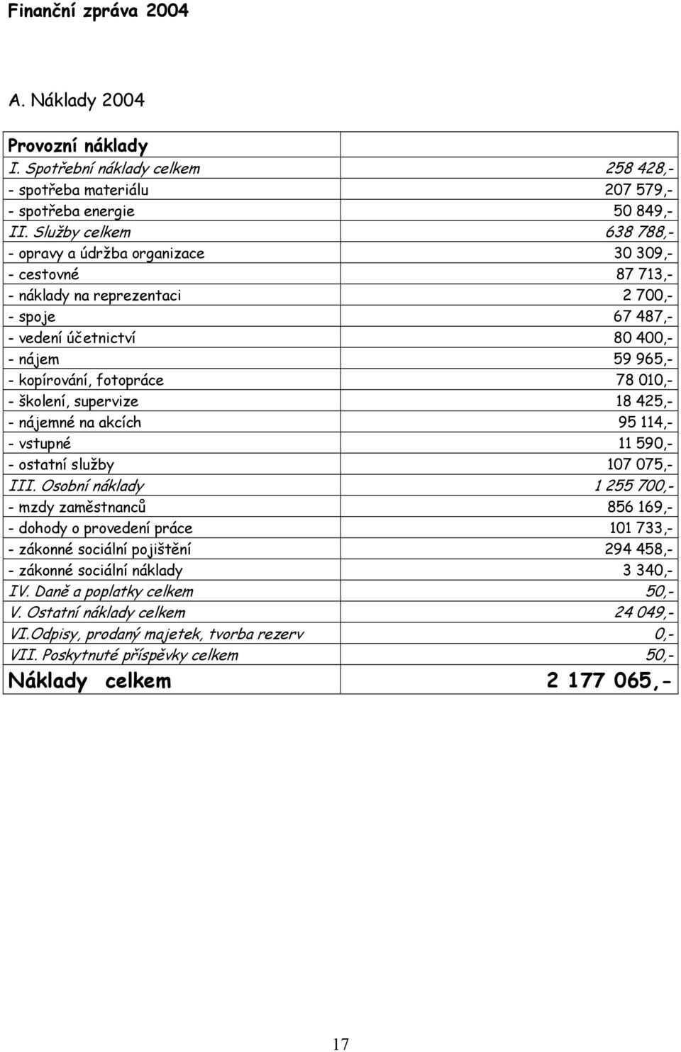 fotopráce 78 010,- - školení, supervize 18 425,- - nájemné na akcích 95 114,- - vstupné 11 590,- - ostatní služby 107 075,- III.