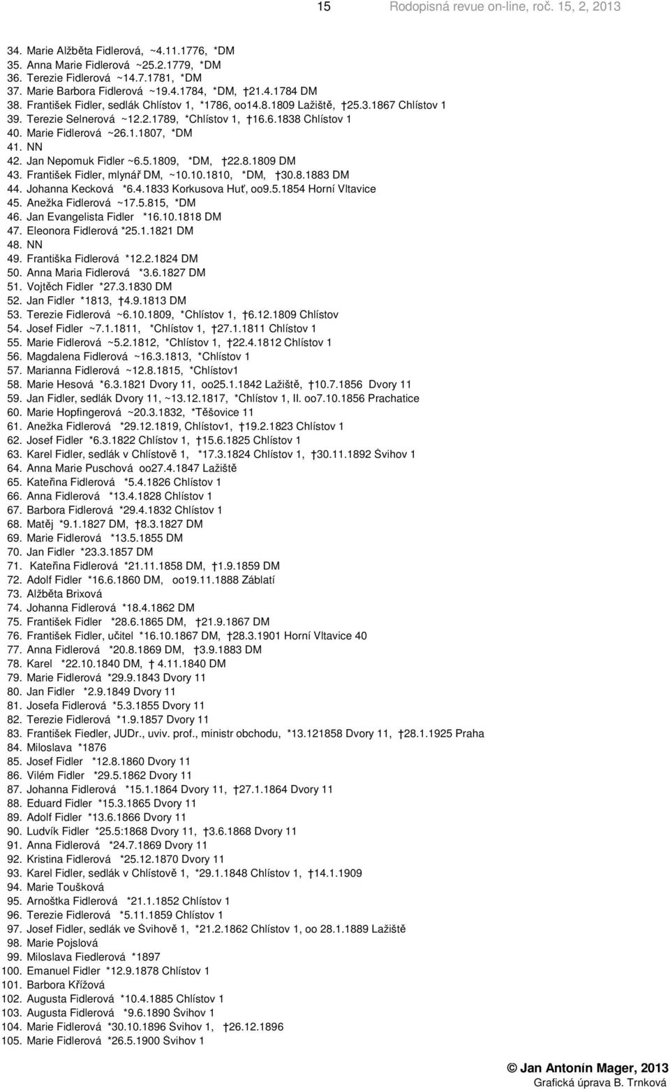 Jan Nepomuk Fidler ~6.5.1809, *DM, 22.8.1809 DM 43. František Fidler, mlynář DM, ~10.10.1810, *DM, 30.8.1883 DM 44. Johanna Kecková *6.4.1833 Korkusova Huť, oo9.5.1854 Horní Vltavice 45.