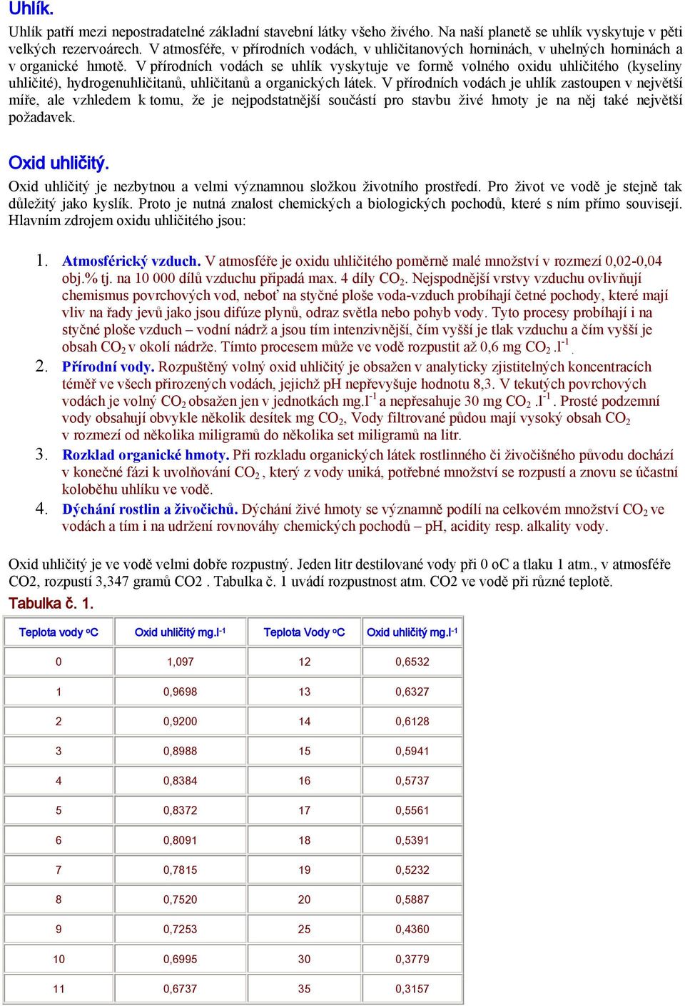 V přírodních vodách se uhlík vyskytuje ve formě volného oxidu uhličitého (kyseliny uhličité), hydrogenuhličitanů, uhličitanů a organických látek.