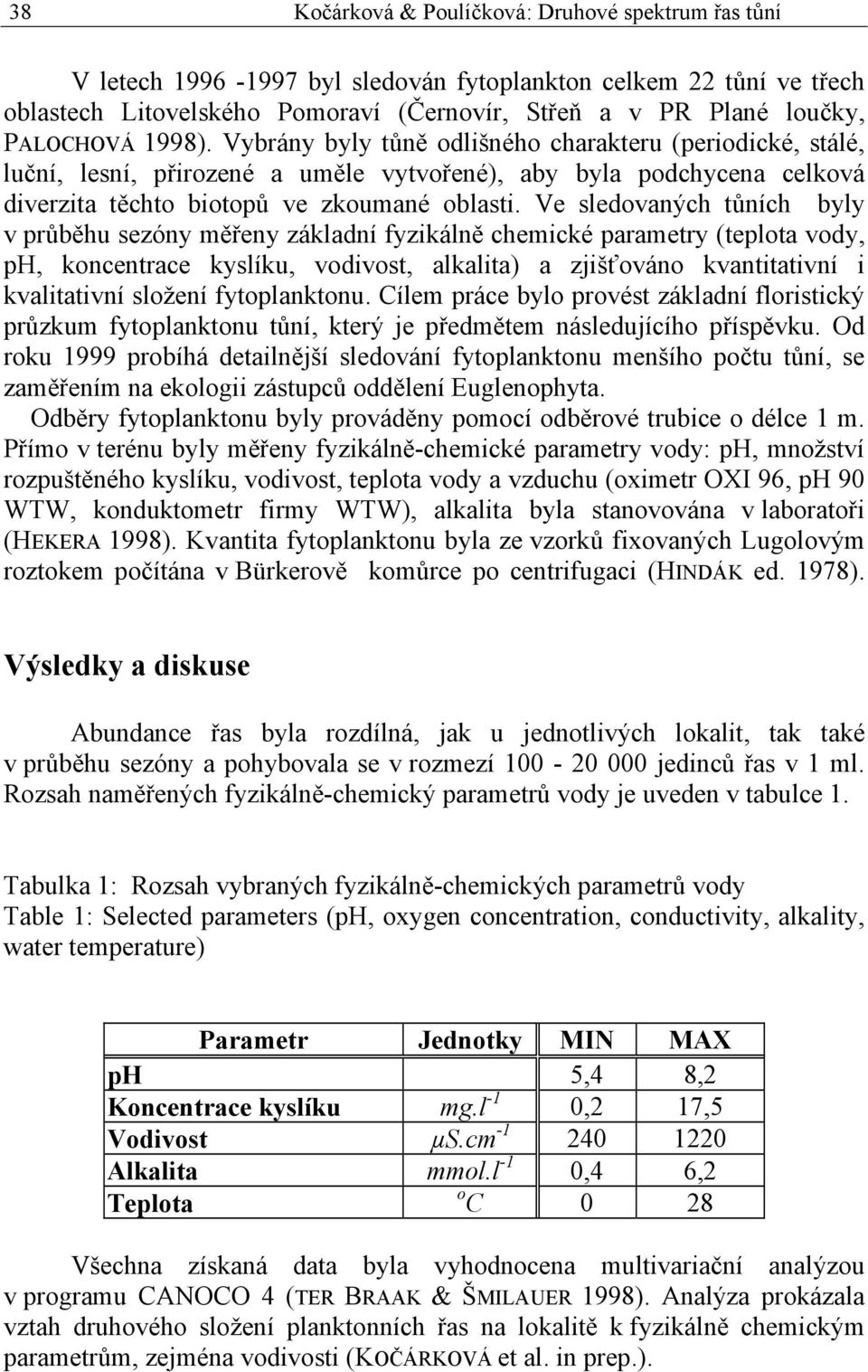 Ve sledovaných tůních byly v průběhu sezóny měřeny základní fyzikálně chemické parametry (teplota vody, ph, koncentrace kyslíku, vodivost, alkalita) a zjišťováno kvantitativní i kvalitativní složení