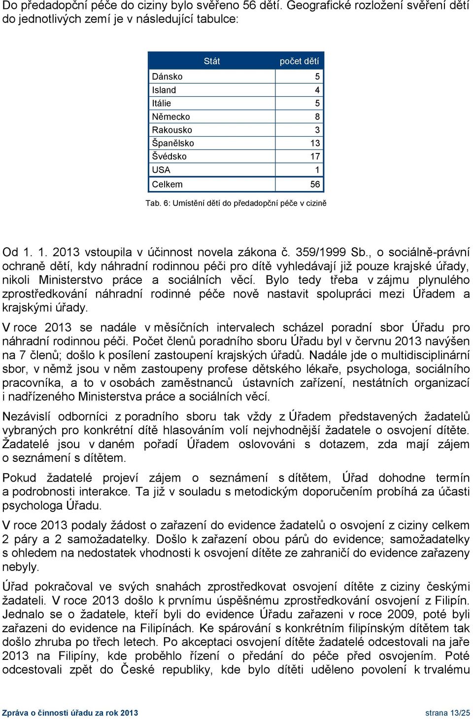 6: Umístění dětí do předadopční péče v cizině Od 1. 1. 2013 vstoupila v účinnost novela zákona č. 359/1999 Sb.