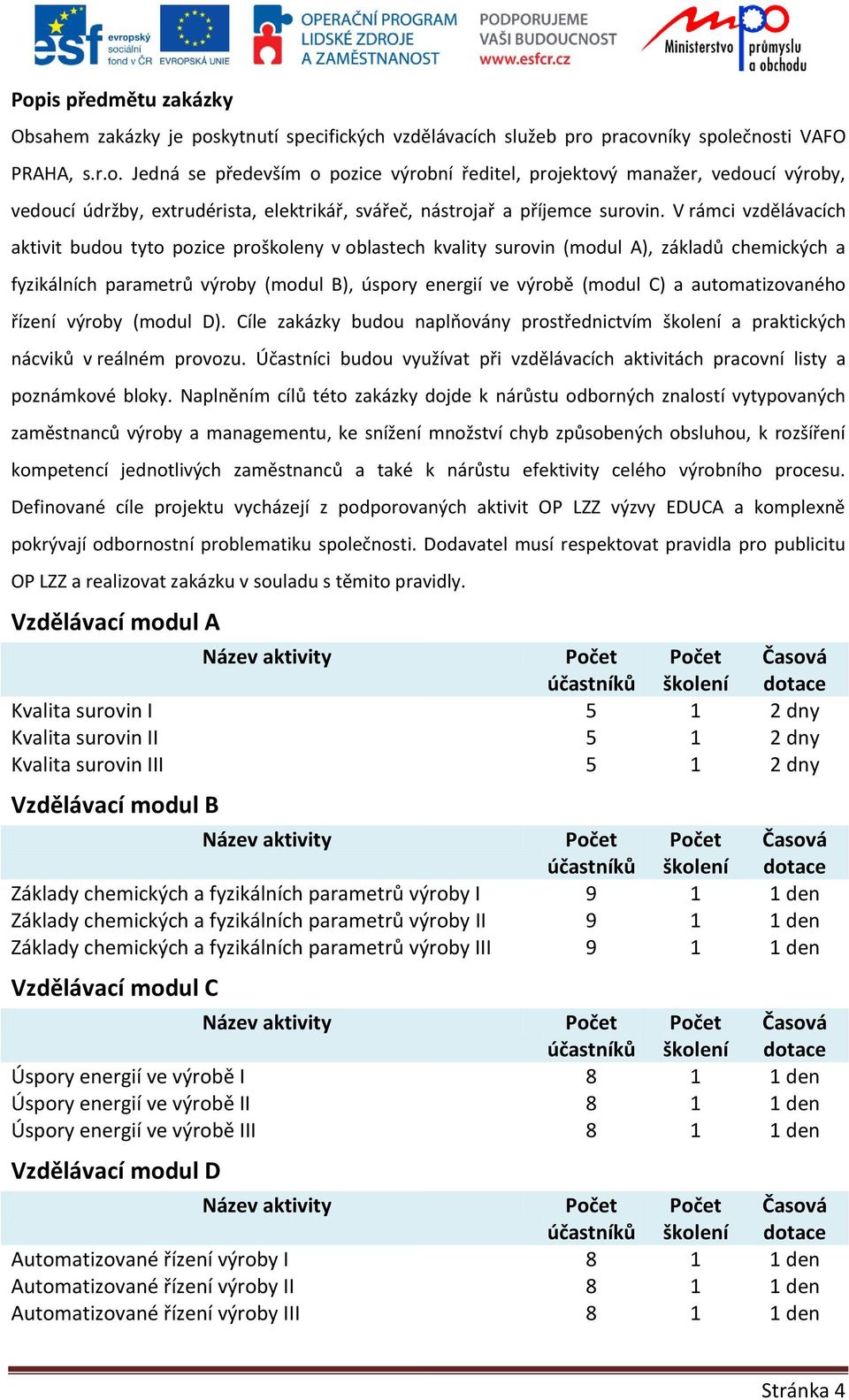 automatizovaného řízení výroby (modul D). Cíle zakázky budou naplňovány prostřednictvím školení a praktických nácviků v reálném provozu.