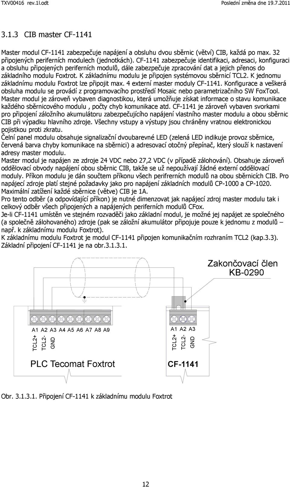 K základnímu modulu je připojen systémovou sběrnicí TCL2. K jednomu základnímu modulu Foxtrot lze připojit max. 4 externí master moduly CF-1141.