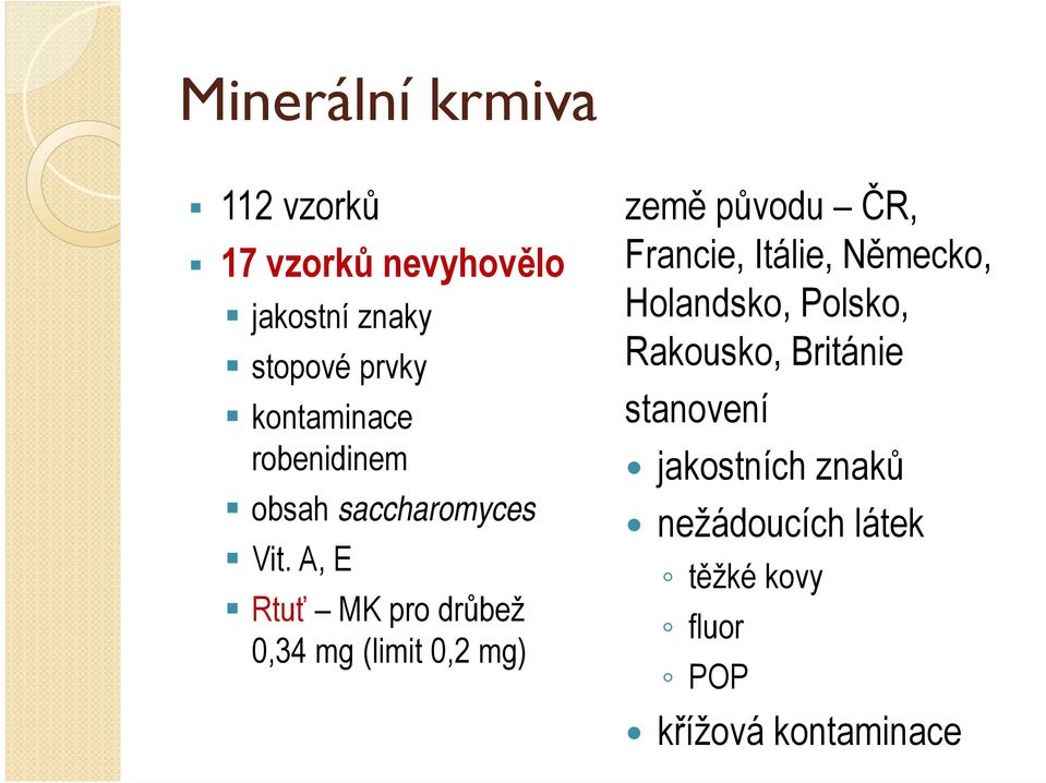 A, E Rtuť MK pro drůbež 0,34 mg (limit 0,2 mg) země původu ČR, Francie, Itálie,