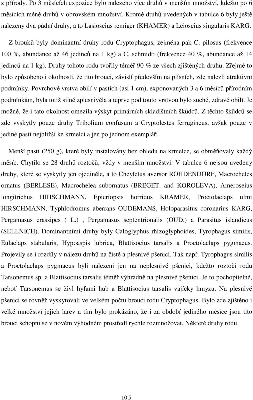 pilosus (frekvence 100 %, abundance až 46 jedinců na 1 kg) a C. schmidti (frekvence 40 %, abundance až 14 jedinců na 1 kg). Druhy tohoto rodu tvořily téměř 90 % ze všech zjištěných druhů.