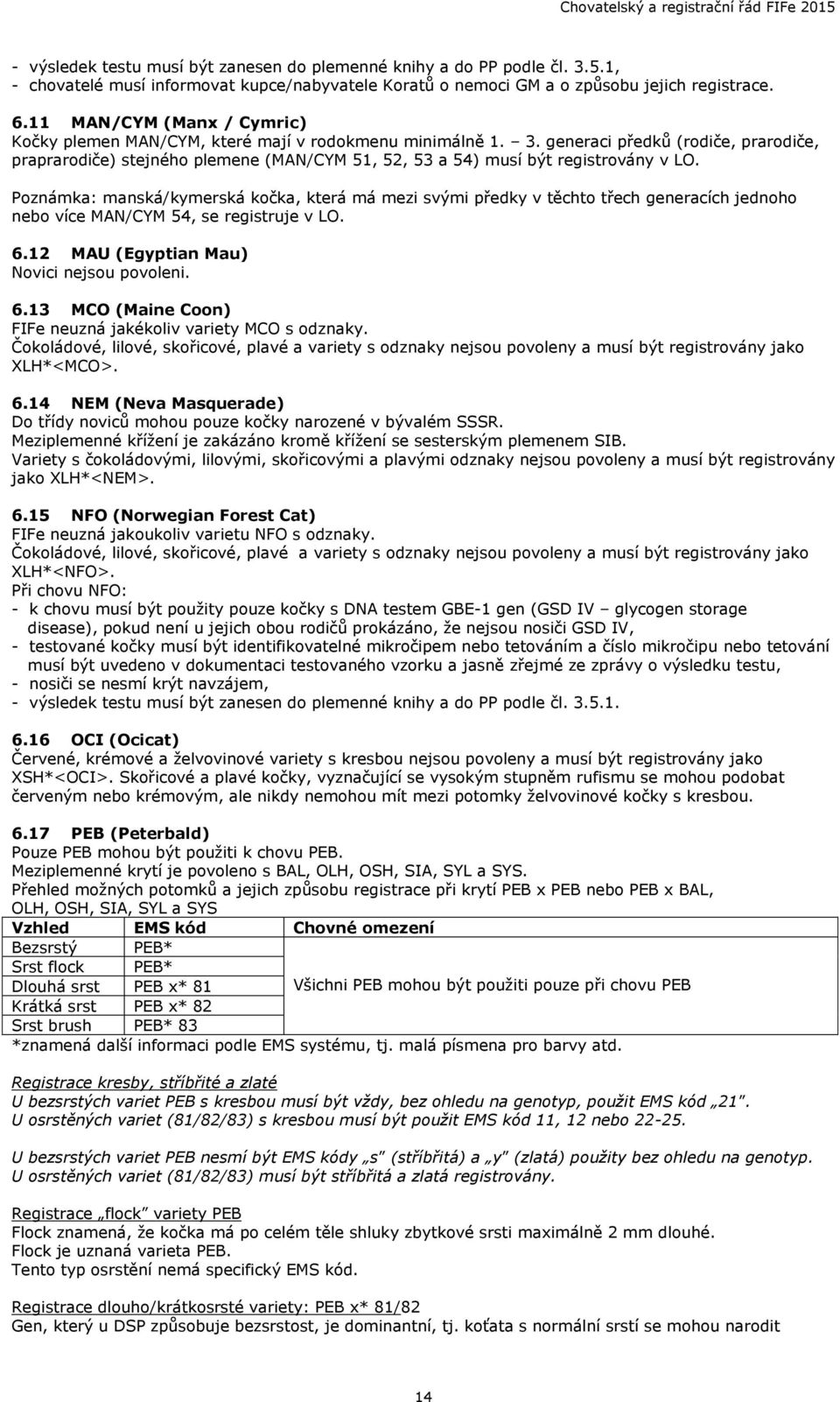 generaci předků (rodiče, prarodiče, praprarodiče) stejného plemene (MAN/CYM 51, 52, 53 a 54) musí být registrovány v LO.