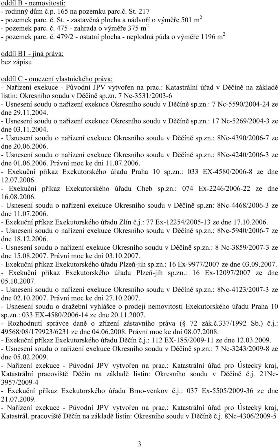 : Katastrální ú ad v D ín na základ listin: Okresního soudu v D ín sp.zn. 7 Nc-3531/2003-6 - Usnesení soudu o na ízení exekuce Okresního soudu v D ín sp.zn.: 7 Nc-5590/2004-