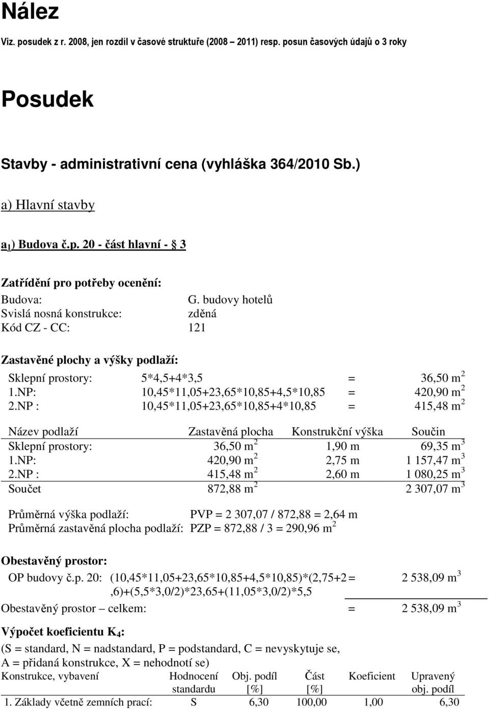 budovy hotelů Svislá nosná konstrukce: zděná Kód CZ - CC: 121 Zastavěné plochy a výšky podlaží: Sklepní prostory: 5*4,5+4*3,5 = 36,50 m 2 1.NP: 10,45*11,05+23,65*10,85+4,5*10,85 = 420,90 m 2 2.