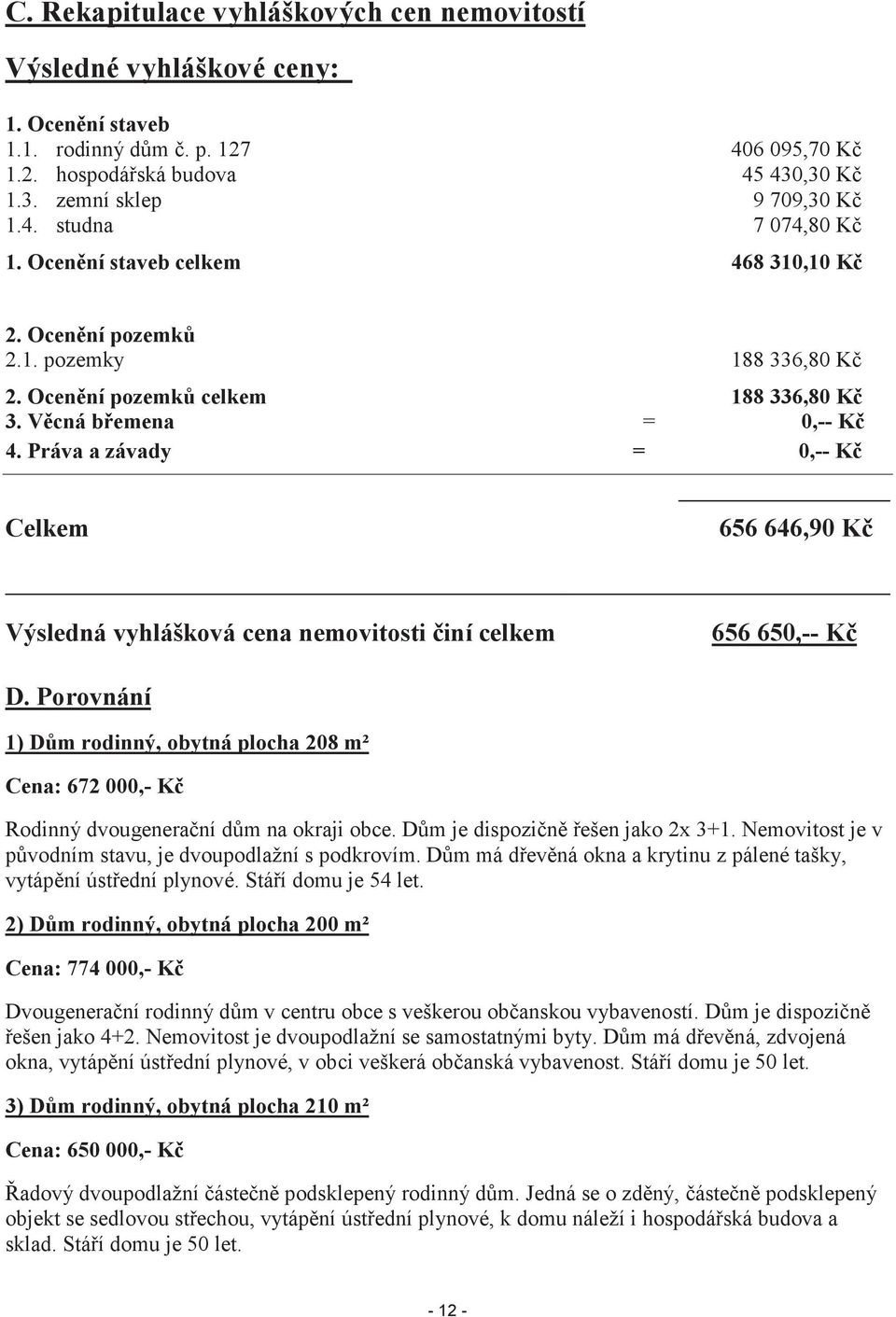 Práva a závady = 0,-- Kč Celkem 656 646,90 Kč Výsledná vyhlášková cena nemovitosti činí celkem 656 650,-- Kč D.