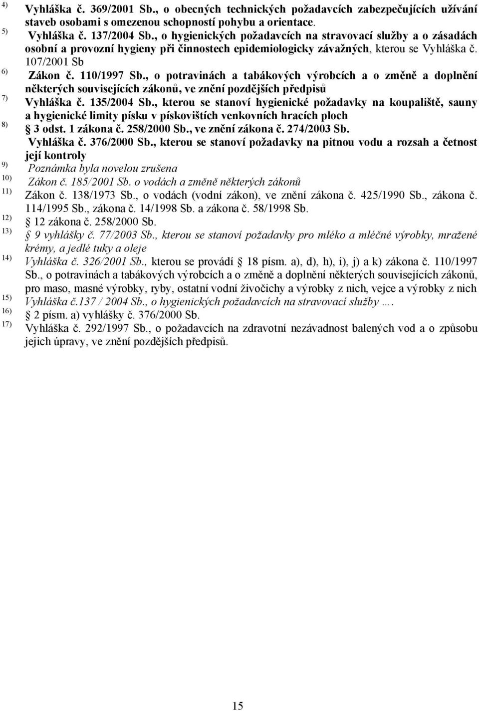 110/1997 Sb., o potravinách a tabákových výrobcích a o změně a doplnění některých souvisejících zákonů, ve znění pozdějších předpisů Vyhláška č. 135/2004 Sb.