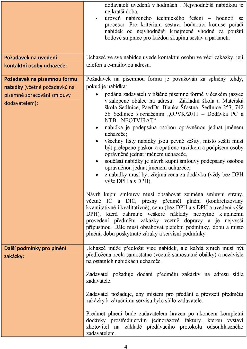 Požadavek na uvedení kontaktní osoby uchazeče: Požadavek na písemnou formu nabídky (včetně požadavků na písemné zpracování smlouvy dodavatelem): Uchazeč ve své nabídce uvede kontaktní osobu ve věci