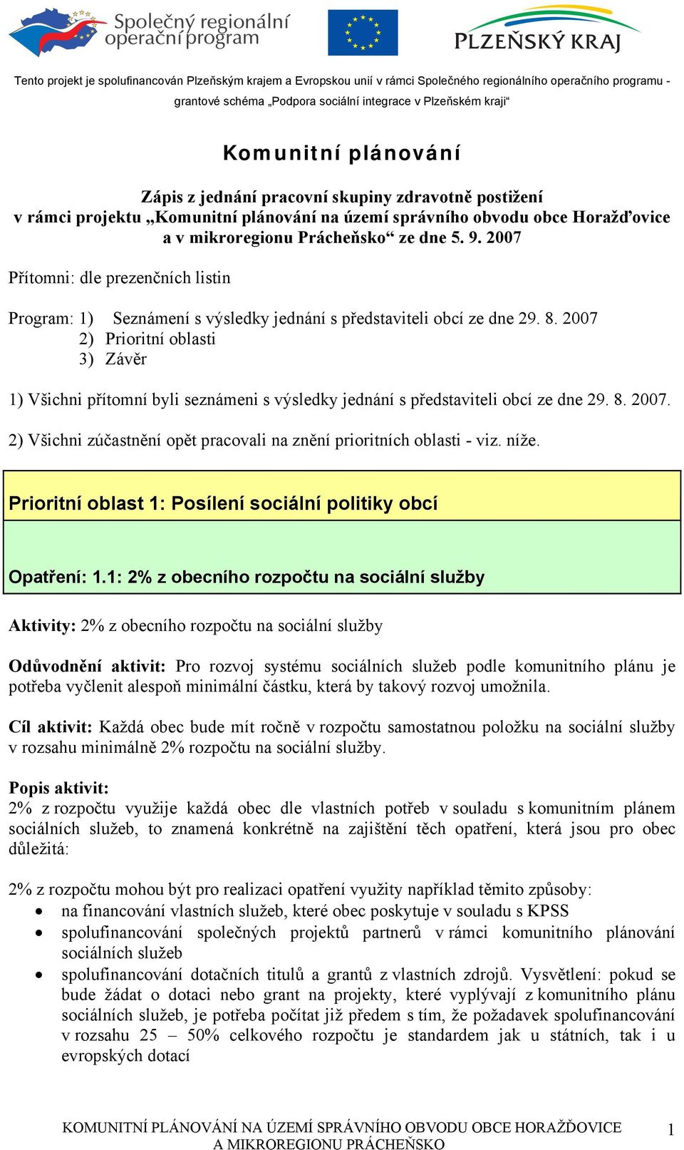 2007 2) Prioritní oblasti 3) Závěr 1) Všichni přítomní byli seznámeni s výsledky jednání s představiteli obcí ze dne 29. 8. 2007.