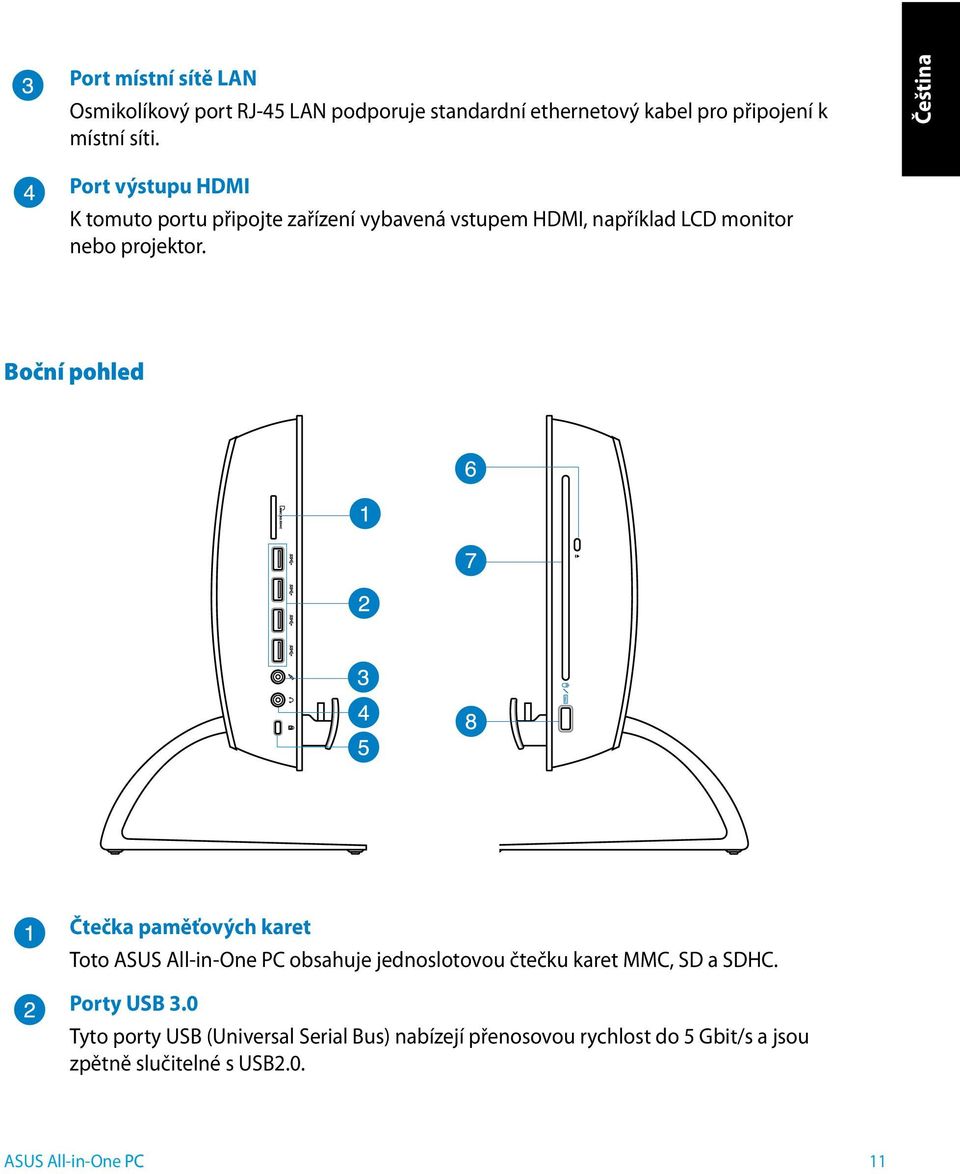 Boční pohled Čtečka paměťových karet Toto ASUS All-in-One PC obsahuje jednoslotovou čtečku karet MMC, SD a SDHC.