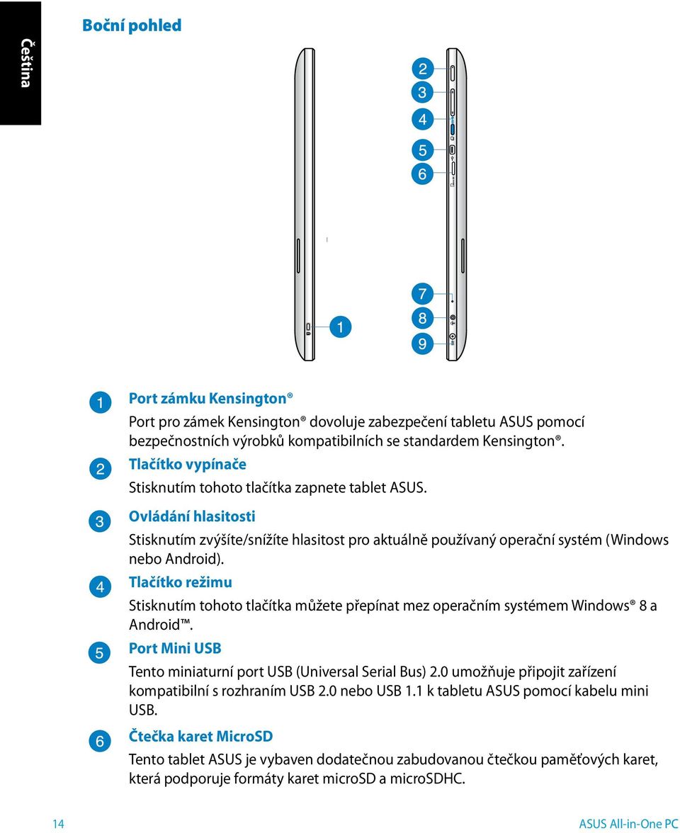 Tlačítko režimu Stisknutím tohoto tlačítka můžete přepínat mez operačním systémem Windows 8 a Android. Port Mini USB Tento miniaturní port USB (Universal Serial Bus) 2.