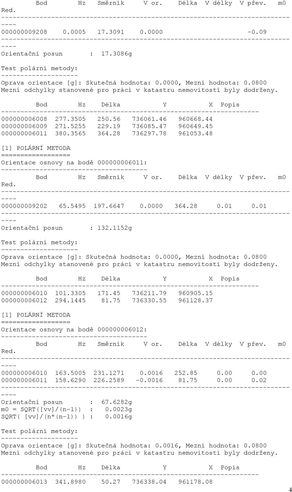 48 [1] POLÁRNÍ METODA ================== Orientace osnovy na bodě 000000006011: -- --- 000000009202 65.5495 197.6647 0.0000 364.28 0.01 0.01 --- Orientační posun : 132.