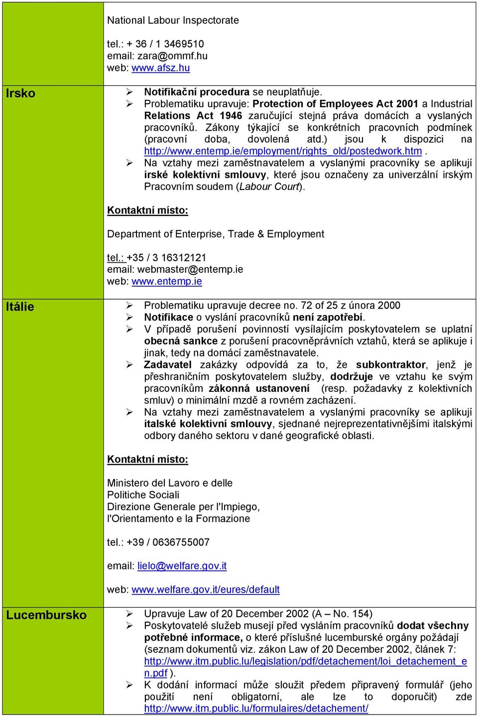 Zákony týkající se konkrétních pracovních podmínek (pracovní doba, dovolená atd.) jsou k dispozici na http://www.entemp.ie/employment/rights_old/postedwork.htm.