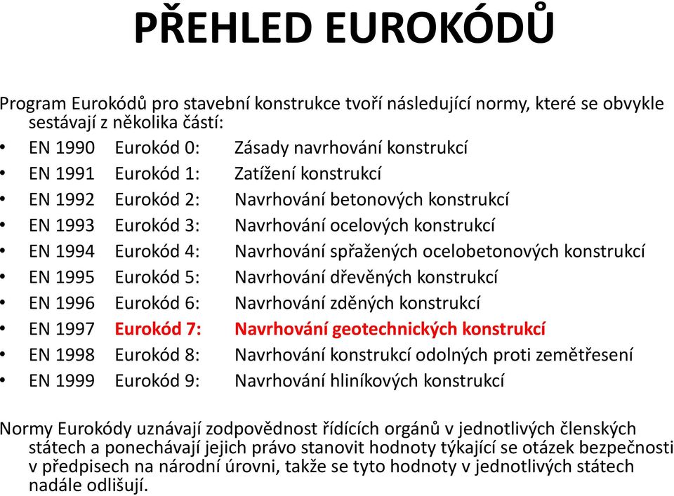 Eurokód 5: Navrhování dřevěných konstrukcí EN 1996 Eurokód 6: Navrhování zděných konstrukcí EN 1997 Eurokód 7: Navrhování geotechnických konstrukcí EN 1998 Eurokód 8: Navrhování konstrukcí odolných