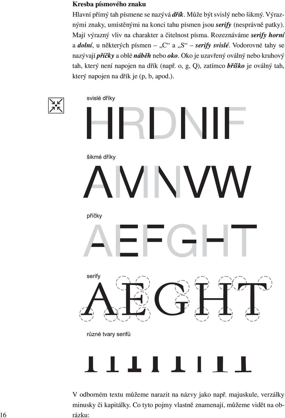 Rozeznáváme serify horní a dolní, u některých písmen C a S serify svislé. Vodorovné tahy se nazývají příčky a oblé náběh nebo oko.