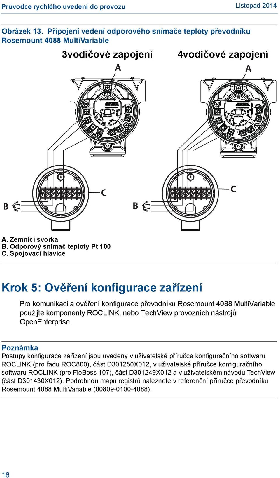 Spojovací hlavice Krok 5: Ověření konfigurace zařízení Pro komunikaci a ověření konfigurace převodníku Rosemount 4088 MultiVariable použijte komponenty ROCLINK, nebo TechView provozních nástrojů