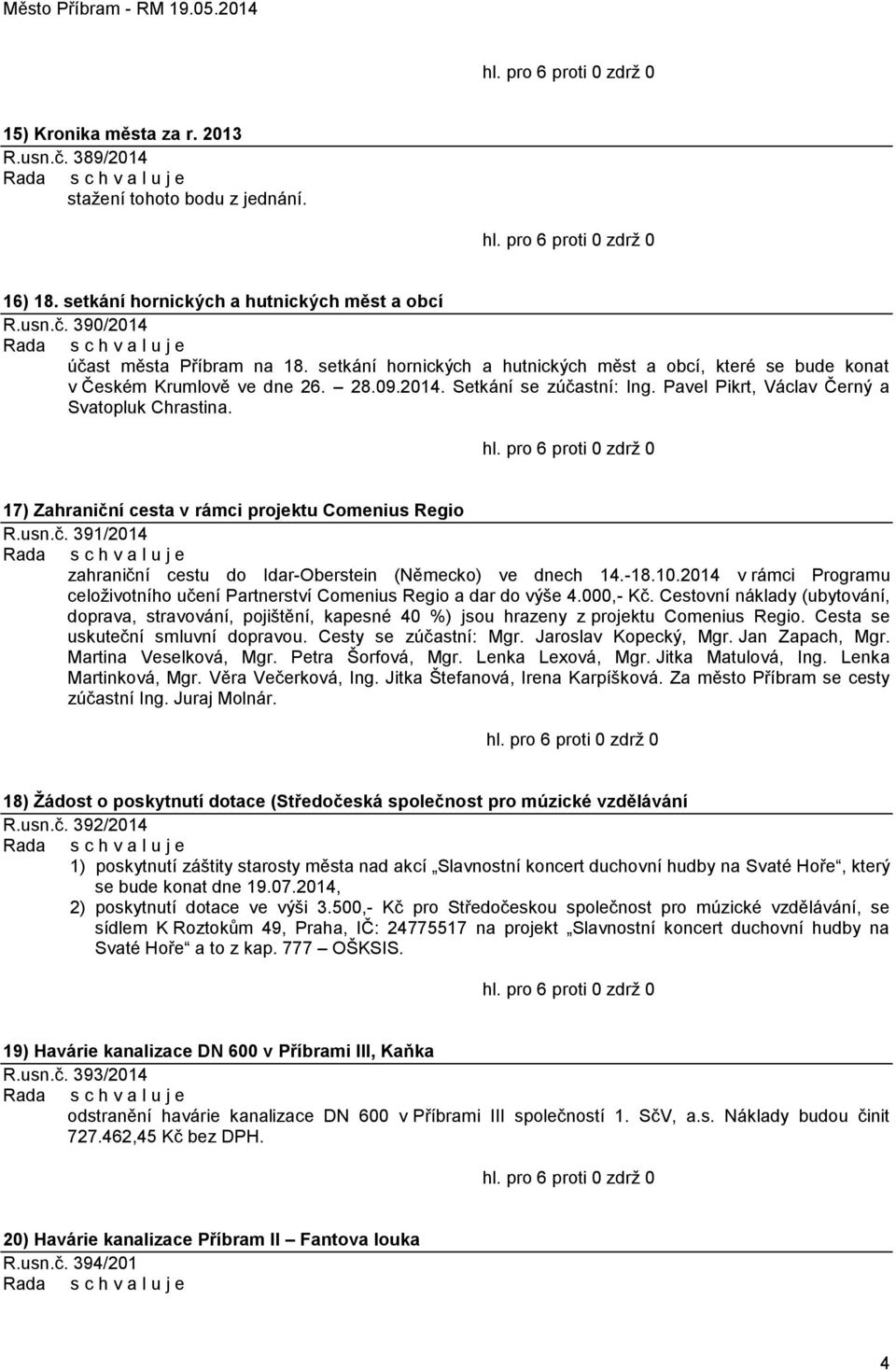 17) Zahraniční cesta v rámci projektu Comenius Regio R.usn.č. 391/2014 zahraniční cestu do Idar-Oberstein (Německo) ve dnech 14.-18.10.