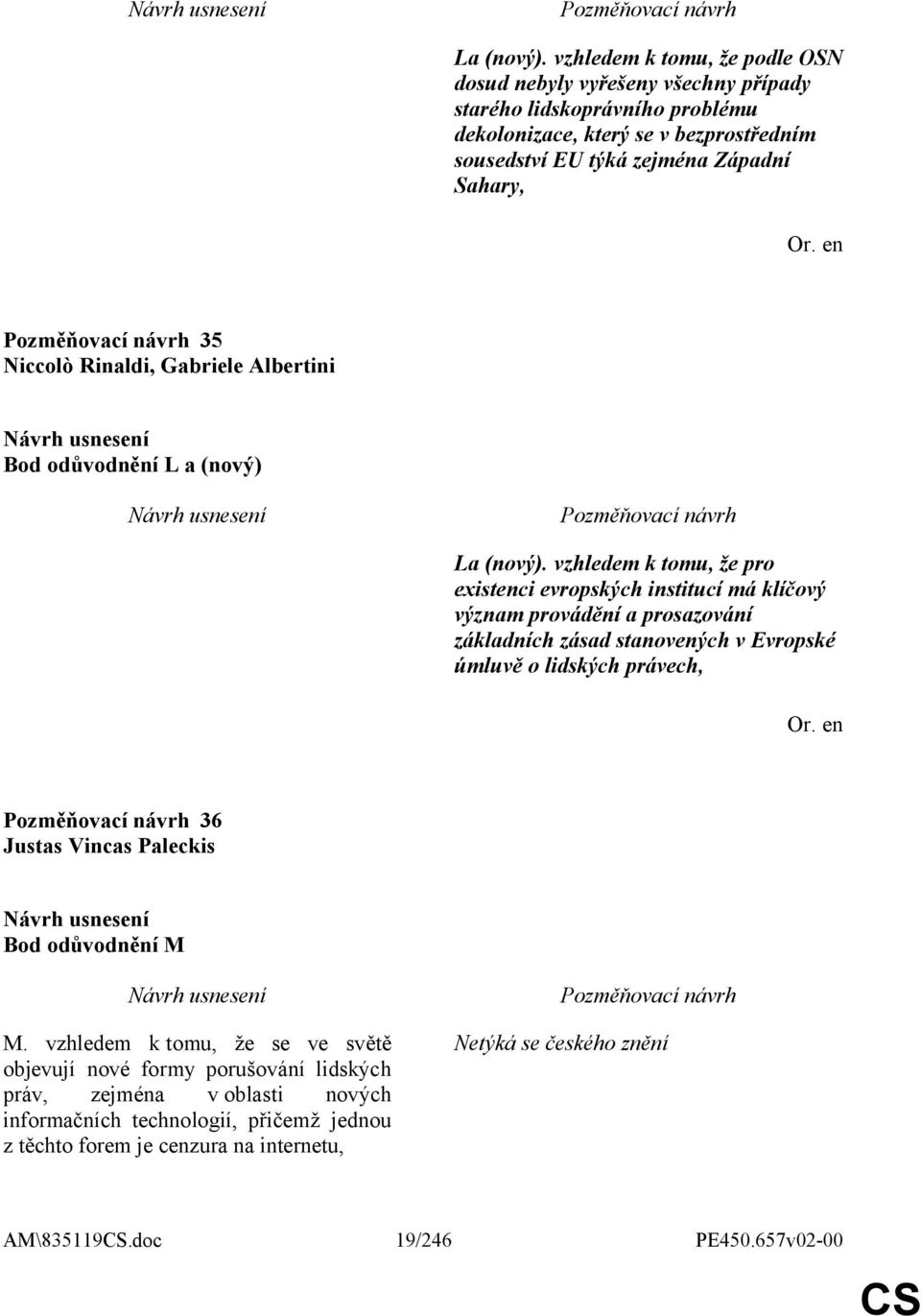 Sahary, 35 Niccolò Rinaldi, Gabriele Albertini Bod odůvodnění L a (nový)  vzhledem k tomu, že pro existenci evropských institucí má klíčový význam provádění a prosazování