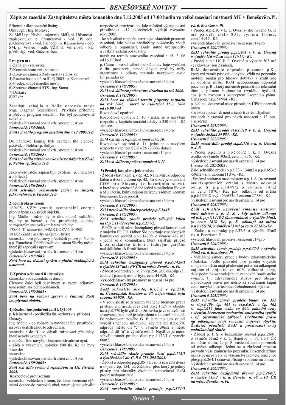 P. Za MìÚ : p. Pøivøel - tajemník MìÚ, sl. Urbanová - roku 2005. má parcela èíslo 801, výmìra 116m2, zapisovatelka, p. Èvanèarová - ved. HS odb.