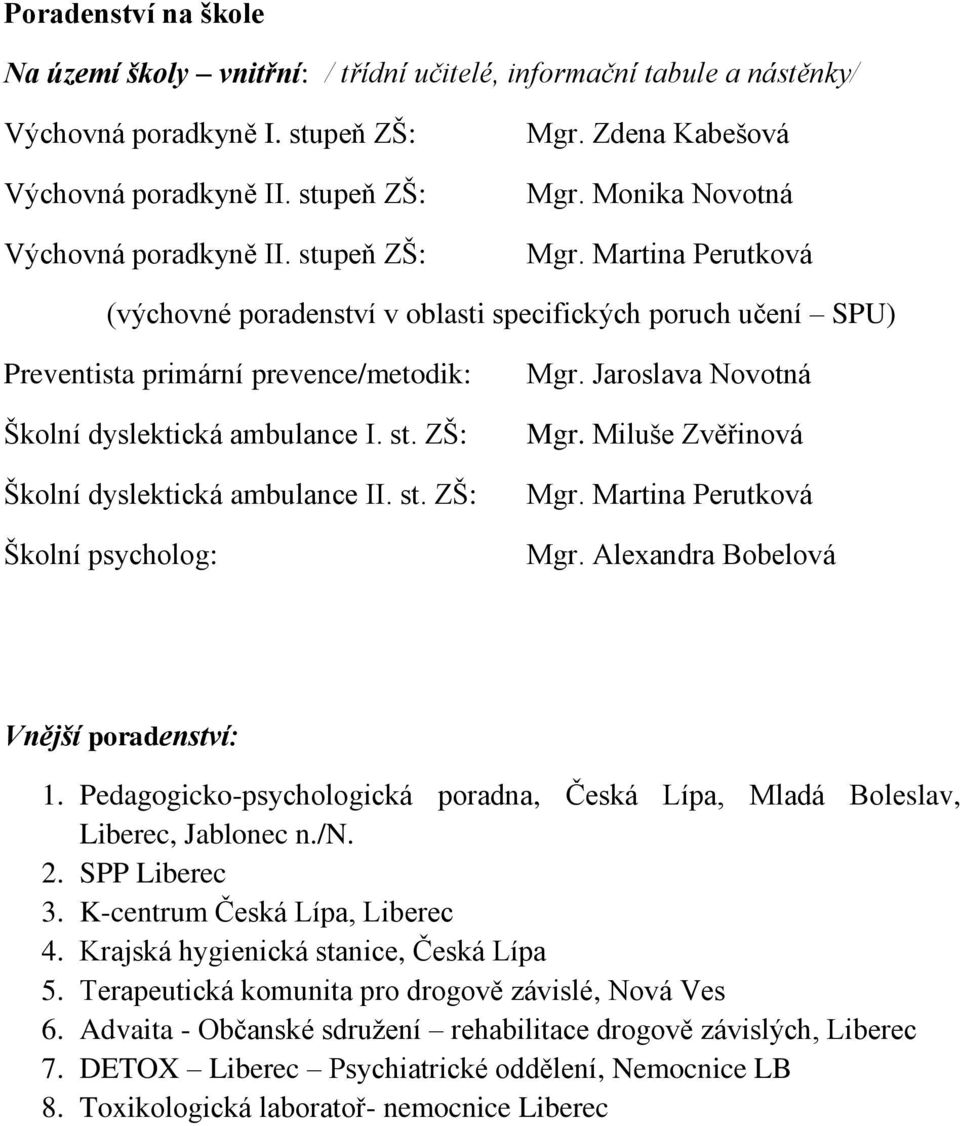 ZŠ: Školní dyslektická ambulance II. st. ZŠ: Školní psycholog: Mgr. Jaroslava Novotná Mgr. Miluše Zvěřinová Mgr. Martina Perutková Mgr. Alexandra Bobelová Vnější poradenství: 1.