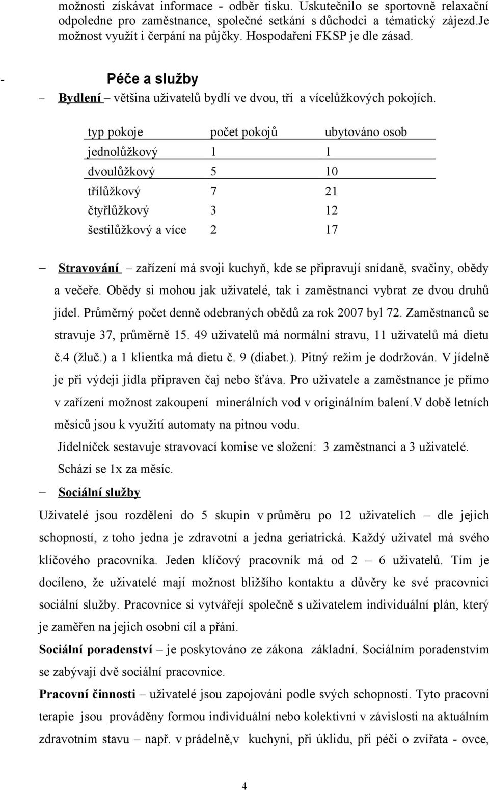 typ pokoje počet pokojů ubytováno osob jednolůžkový 1 1 dvoulůžkový 5 10 třílůžkový 7 21 čtyřlůžkový 3 12 šestilůžkový a více 2 17 Stravování zařízení má svoji kuchyň, kde se připravují snídaně,