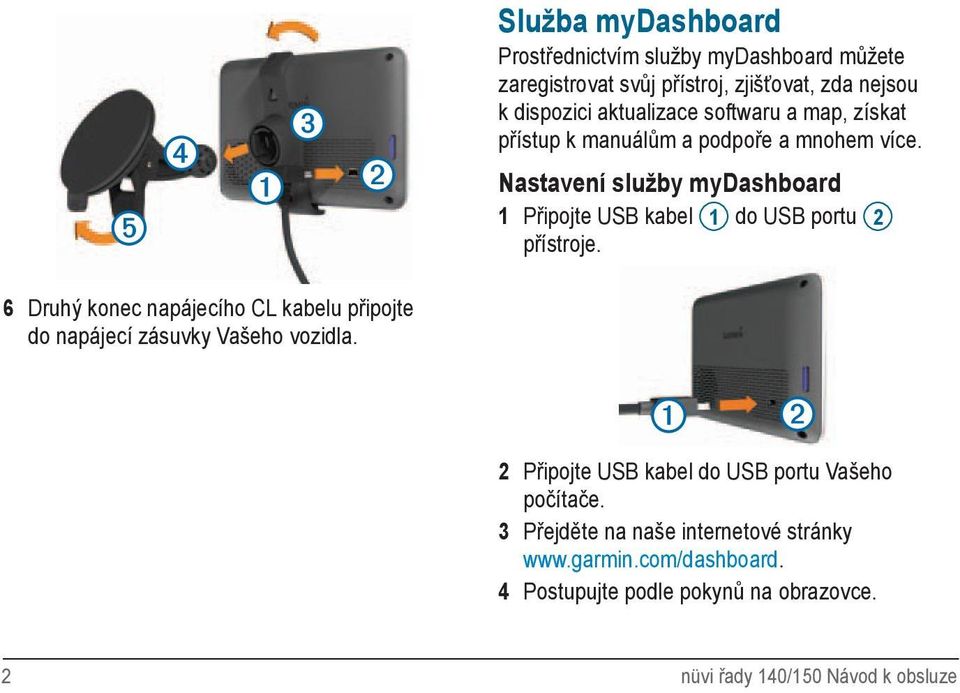 Nastavení služby mydashboard 1 Připojte USB kabel 1 do USB portu 2 přístroje.