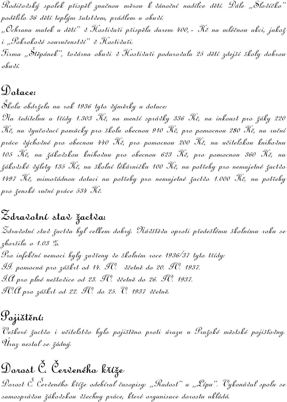 Firma Štěpánek, továrna obuvi v Hostivaři podarovala 25 dětí zdejší školy dobrou obuví. Dotace: Škola obdržela na rok 1936 tyto výměrky a dotace: Na ředitelnu a třídy 1.