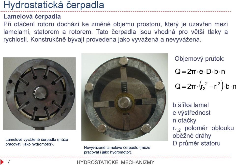 Objemový průtok: Q 2π e D b n Q 2π 2 2 r r b n 2 1 Lamelové vyvážené čerpadlo (může pracovat i jako hydromotor).