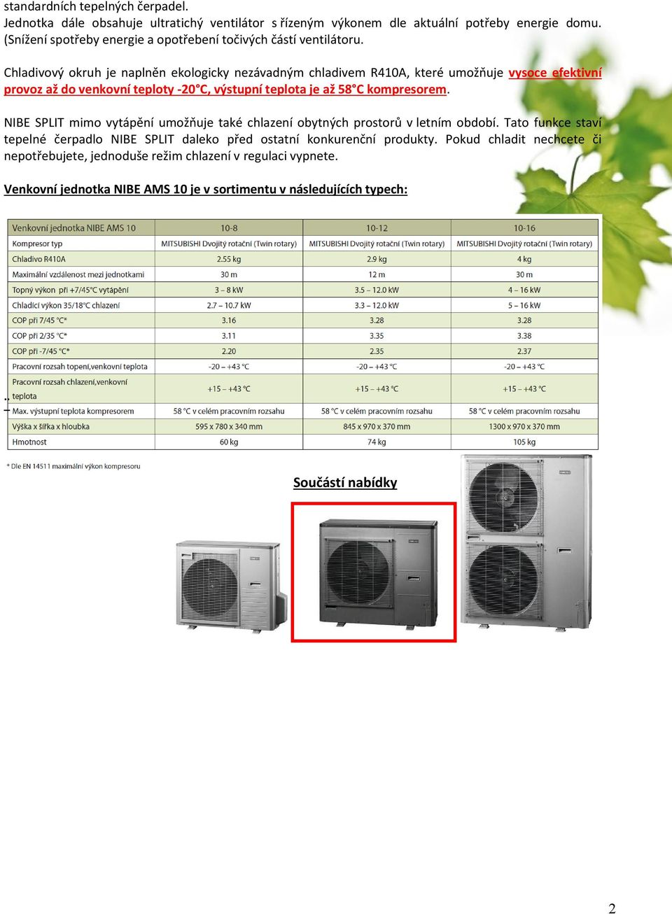 Chladivový okruh je naplněn ekologicky nezávadným chladivem R410A, které umožňuje vysoce efektivní provoz až do venkovní teploty -20 C, výstupní teplota je až 58 C kompresorem.