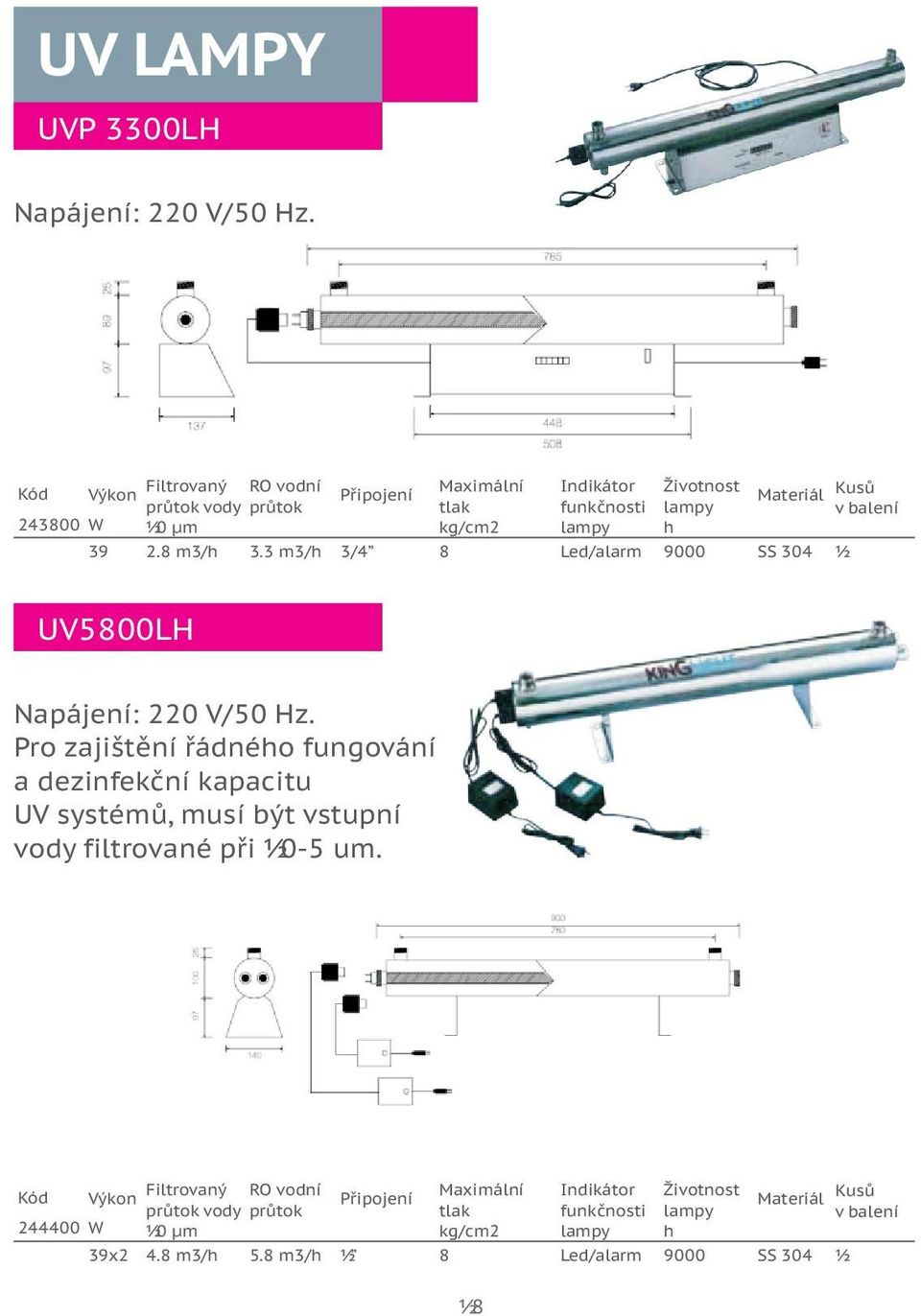 39 2.8 m3/h 3.3 m3/h 3/4 8 Led/alarm 9000 SS 304 1 UV5800LH Napájení: 220 V/50 Hz.