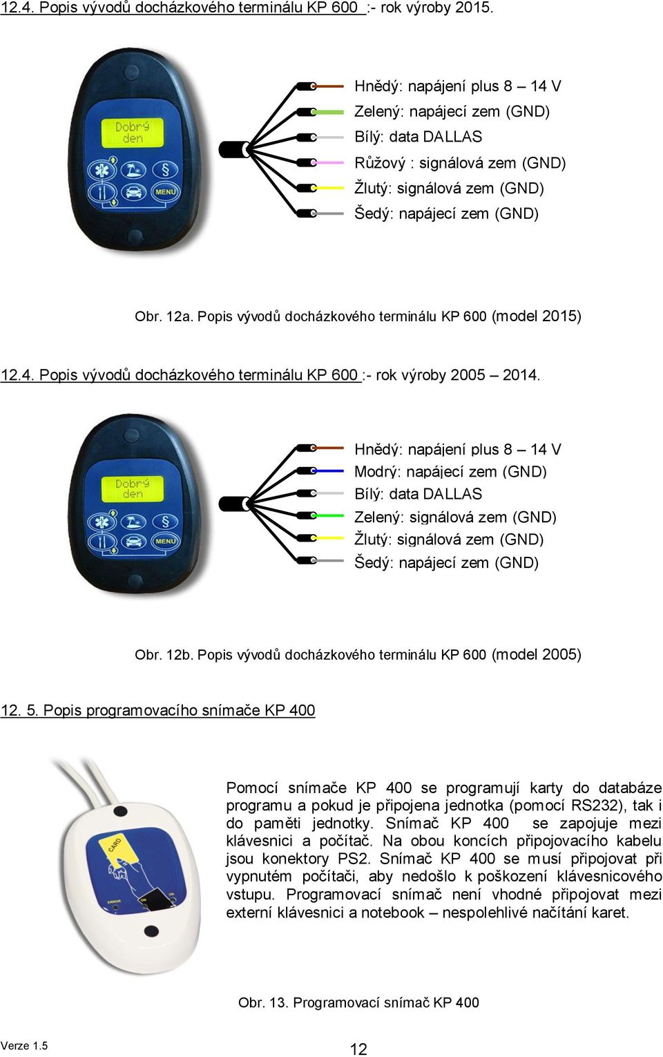 Popis vývodů docházkového terminálu KP 600 (model 2015) 12.4. Popis vývodů docházkového terminálu KP 600 :- rok výroby 2005 2014.