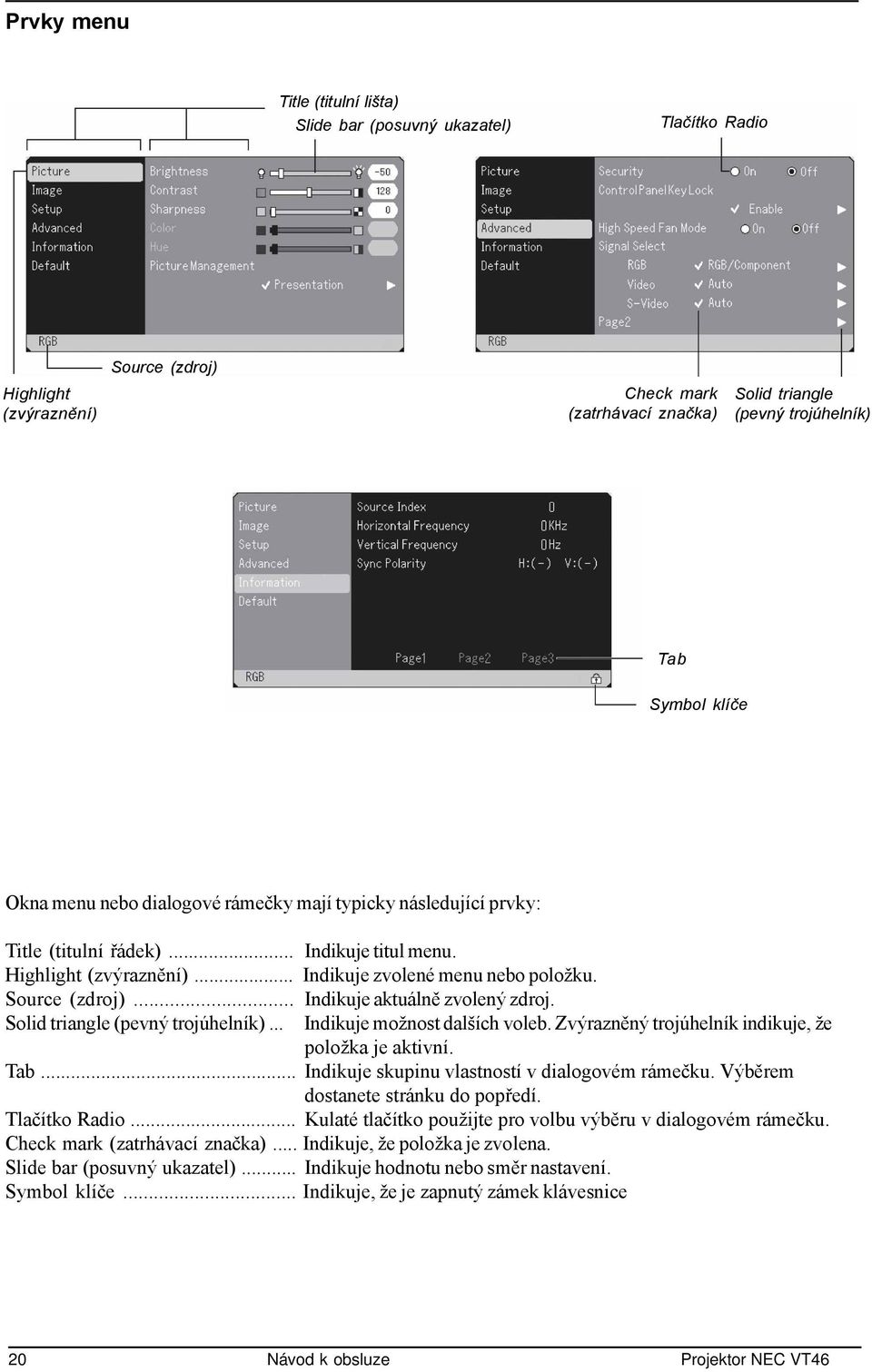 .. Indikuje aktuálně zvolený zdroj. Solid triangle (pevný trojúhelník)... Indikuje možnost dalších voleb. Zvýrazněný trojúhelník indikuje, že položka je aktivní. Tab.