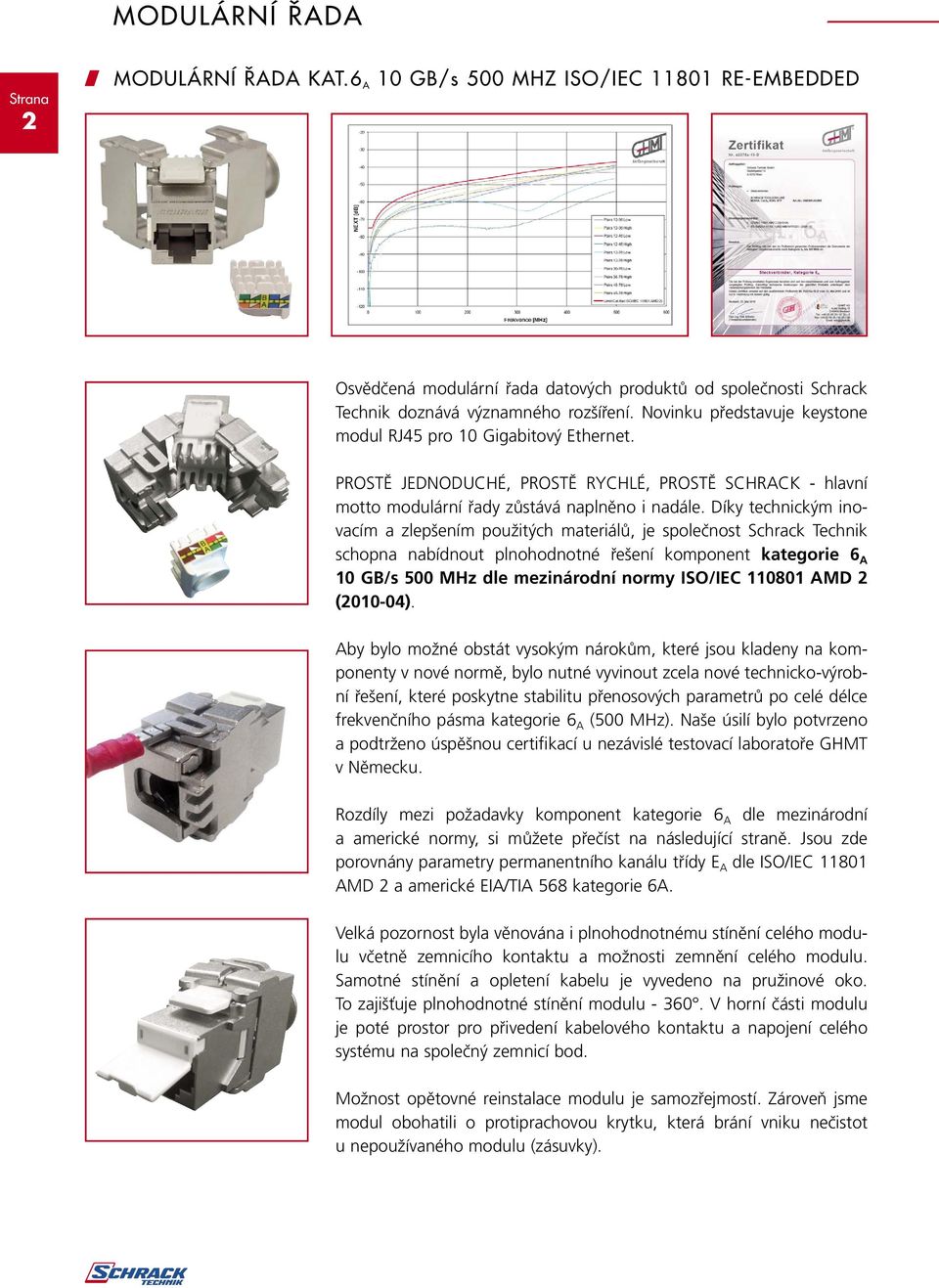 Díky technickým inovacím a zlepšením použitých materiálů, je společnost Schrack Technik schopna nabídnout plnohodnotné řešení komponent kategorie 6 A 10 GB/s 500 MHz dle mezinárodní normy ISO/IEC
