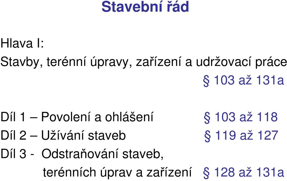 103 až 118 Díl 2 Užívání staveb 119 až 127 Díl 3 -