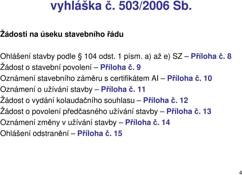 9 Oznámení stavebního záměru s certifikátem AI Příloha č. 10 Oznámení o užívání stavby Příloha č.