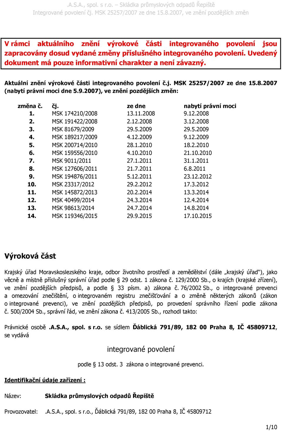 MSK 174210/2008 13.11.2008 9.12.2008 2. MSK 191422/2008 2.12.2008 3.12.2008 3. MSK 81679/2009 29.5.2009 29.5.2009 4. MSK 189217/2009 4.12.2009 9.12.2009 5. MSK 200714/2010 28.1.2010 18.2.2010 6.