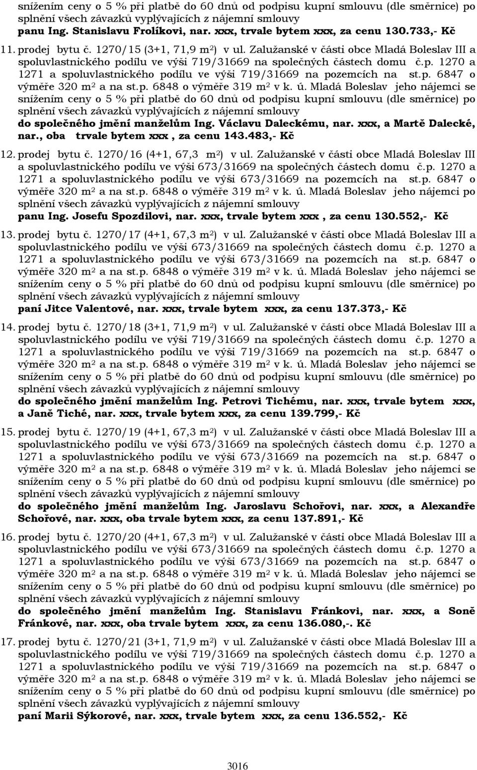 Václavu Daleckému, nar. xxx, a Martě Dalecké, nar., oba trvale bytem xxx, za cenu 143.483,- Kč 12. prodej bytu č. 1270/16 (4+1, 67,3 m 2 ) v ul.