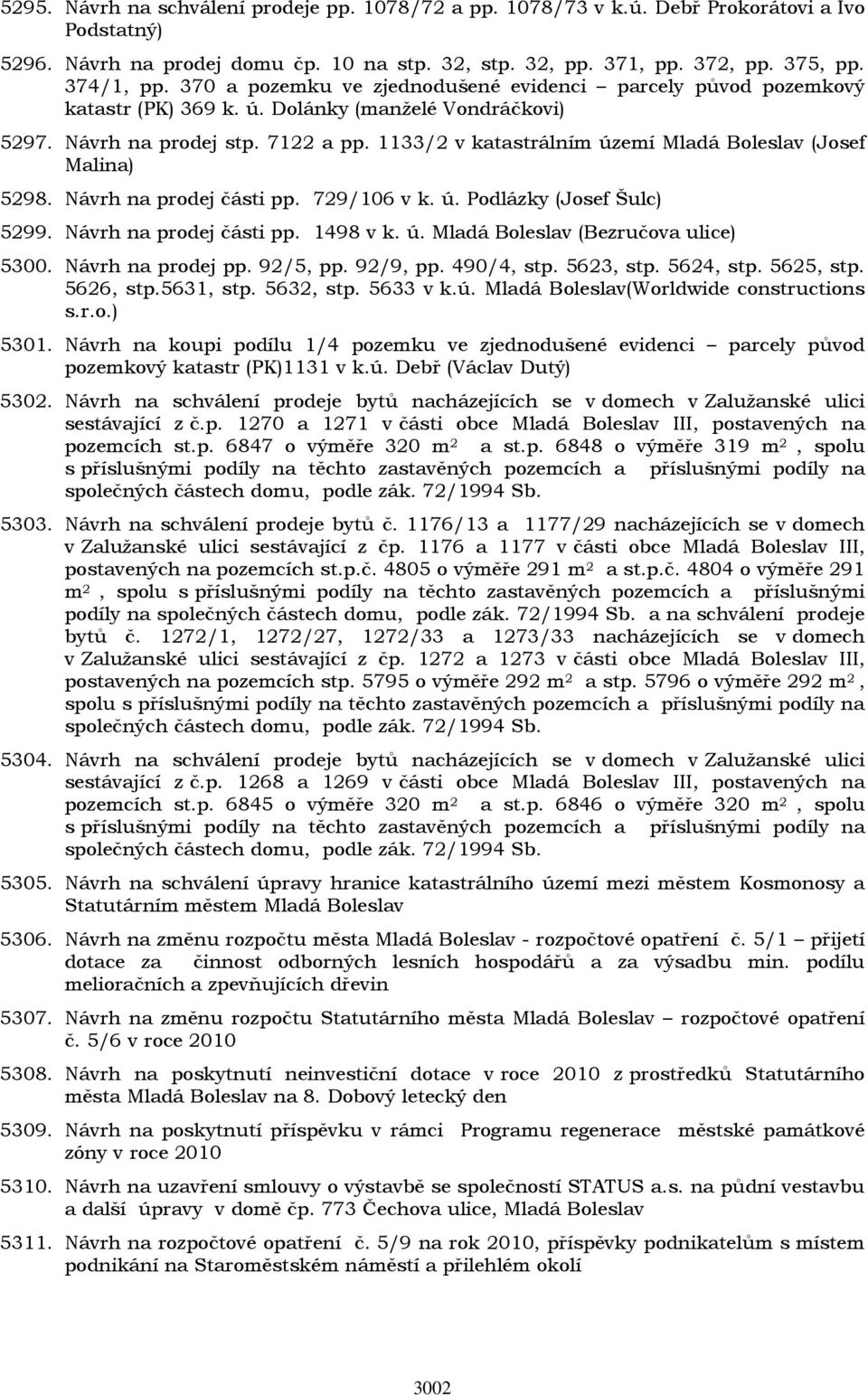 1133/2 v katastrálním území Mladá Boleslav (Josef Malina) 5298. Návrh na prodej části pp. 729/106 v k. ú. Podlázky (Josef Šulc) 5299. Návrh na prodej části pp. 1498 v k. ú. Mladá Boleslav (Bezručova ulice) 5300.