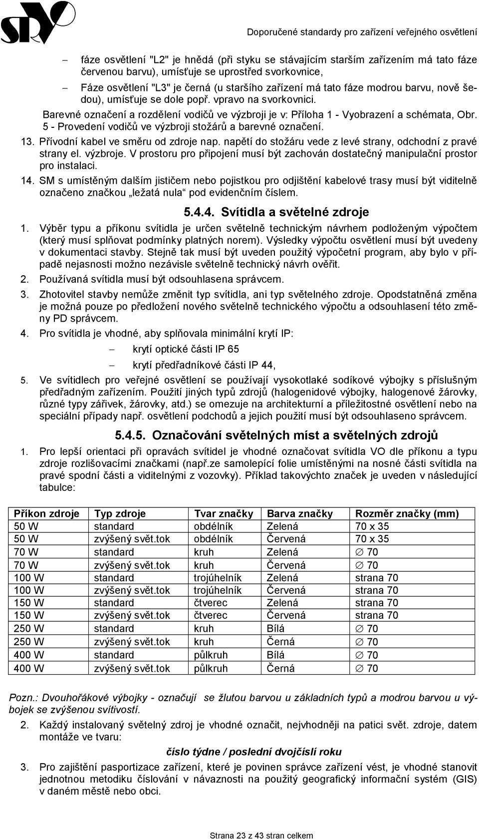 5 - Provedení vodičů ve výzbroji stožárů a barevné označení. 13. Přívodní kabel ve směru od zdroje nap. napětí do stožáru vede z levé strany, odchodní z pravé strany el. výzbroje.