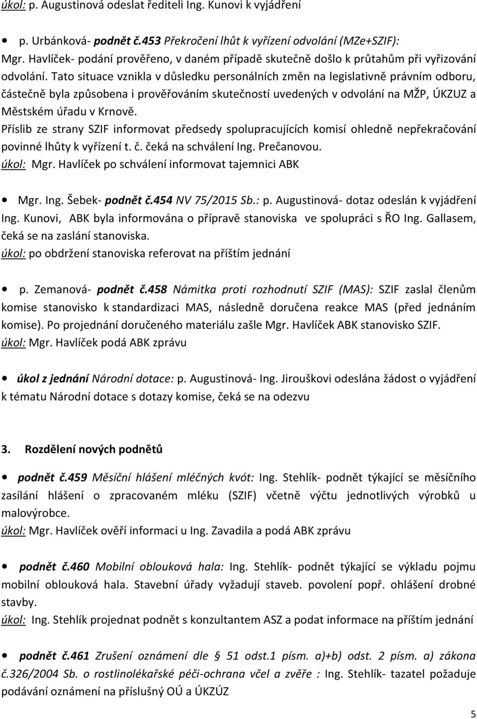 Tato situace vznikla v důsledku personálních změn na legislativně právním odboru, částečně byla způsobena i prověřováním skutečností uvedených v odvolání na MŽP, ÚKZUZ a Městském úřadu v Krnově.