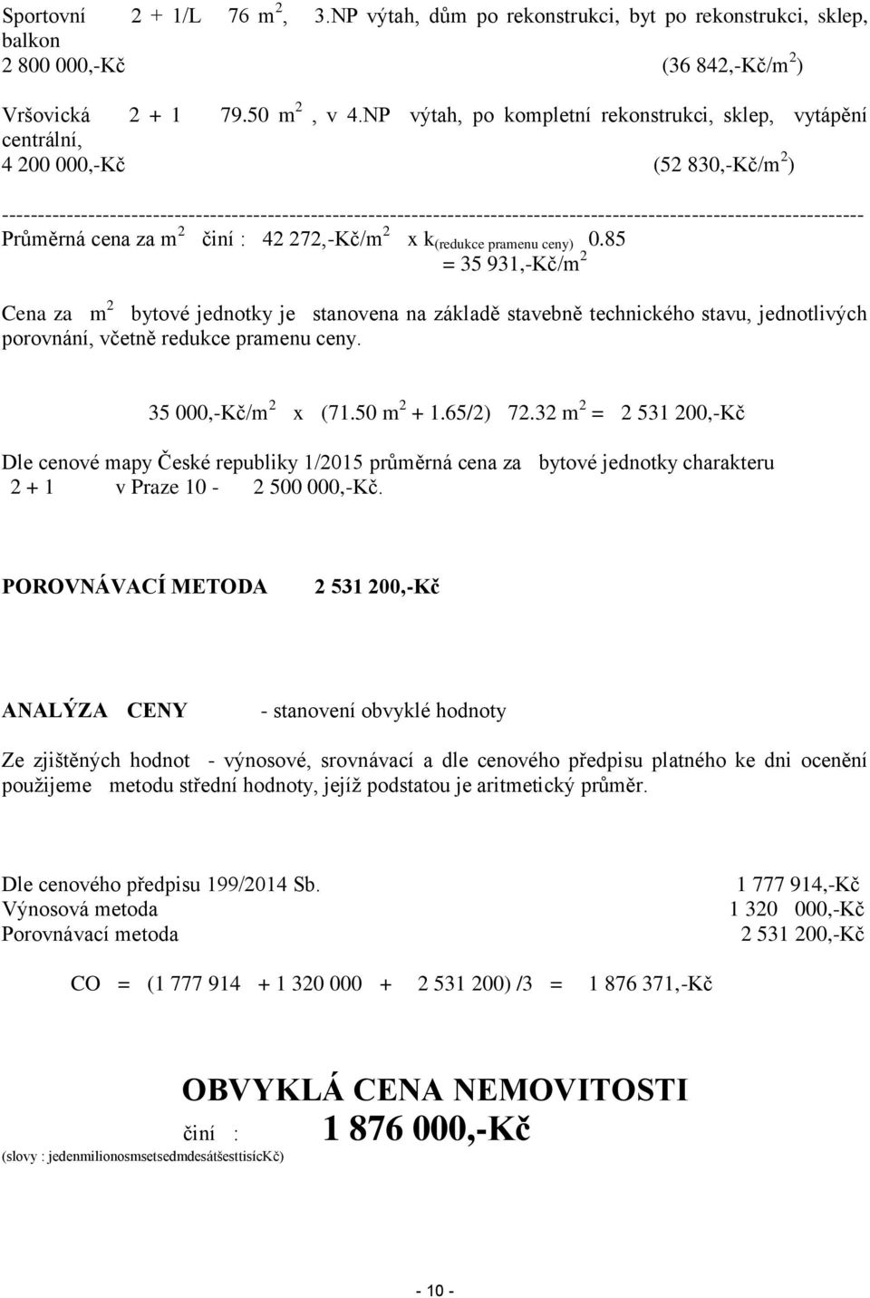 ------------------------------------------------------------------------------------------------------------------------ Průměrná cena za m 2 činí : 42 272,-Kč/m 2 x k (redukce pramenu ceny) 0.